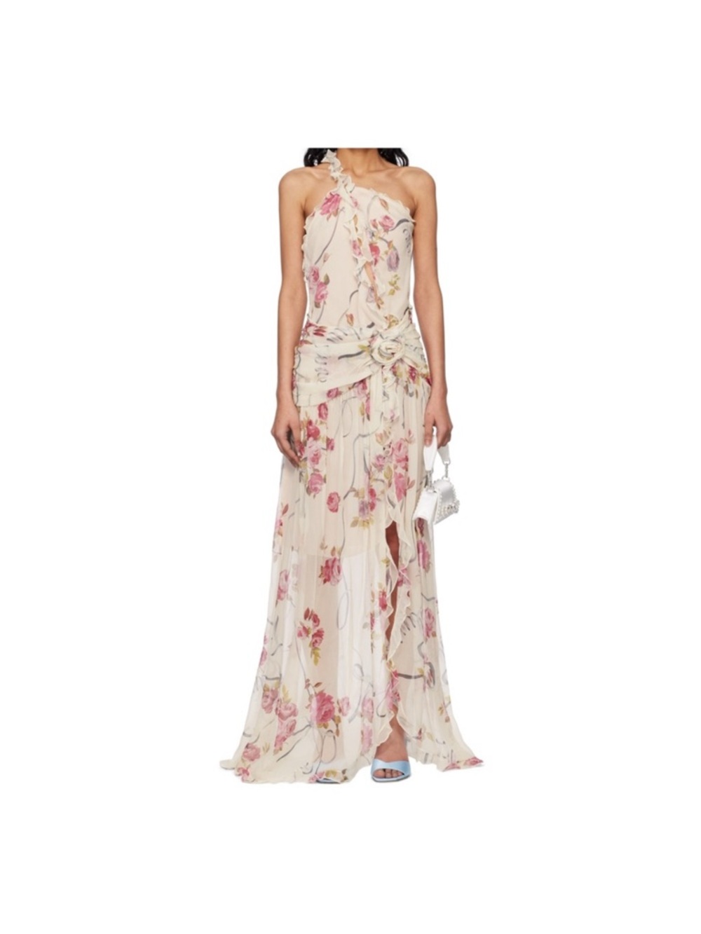 Blumarine Off-White & Pink One-Shoulder Creponne Maxi Dress